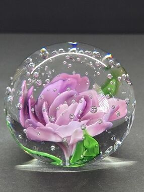 Paperweight Purple Rose Peony 2.5”Controlled Bubble Art Glass 1990’s Vintage EXC